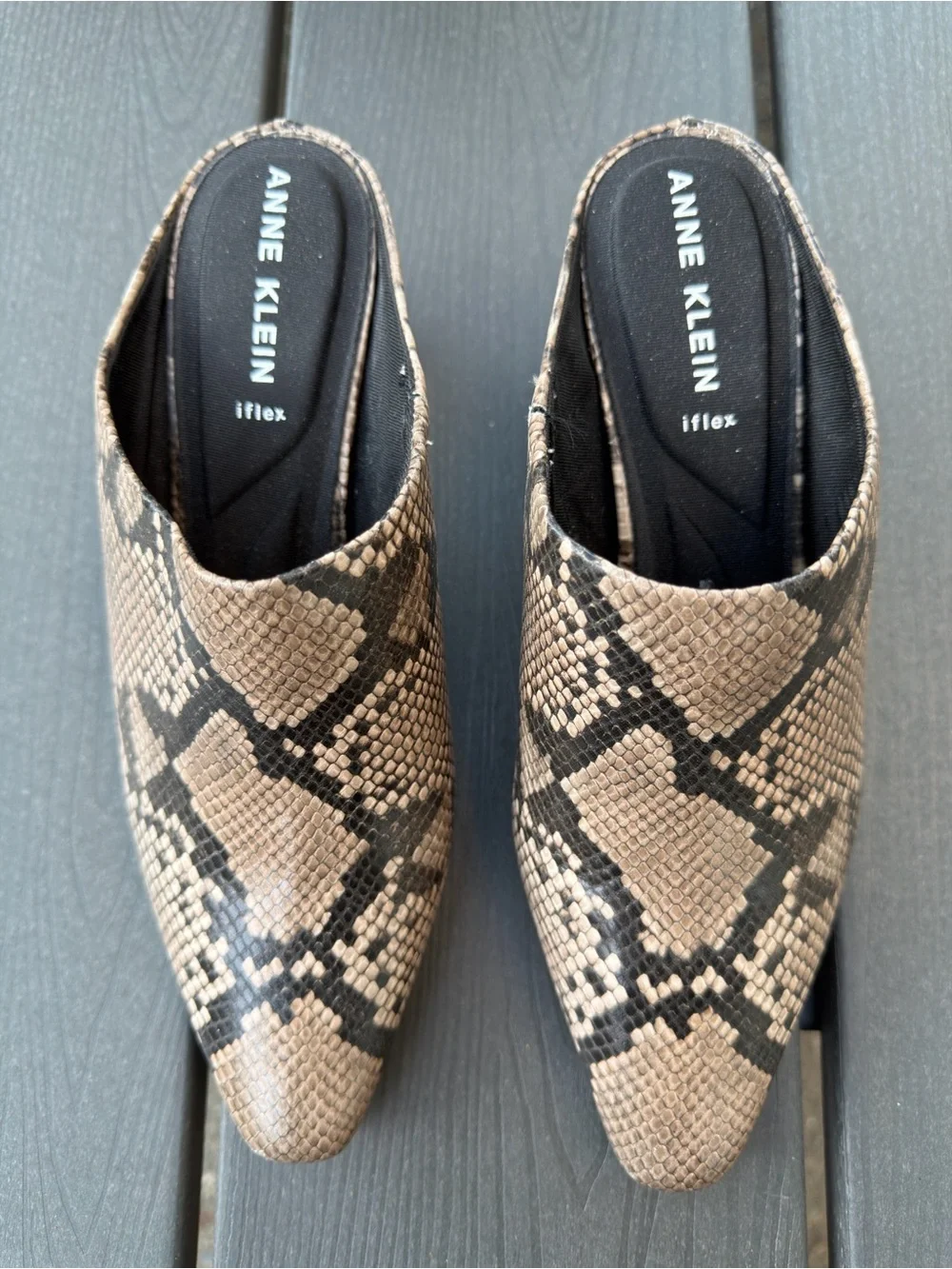 Anne Klein AKSABRINE Shoes Womens Size 7.5 Brown Snake Print Mule Block Heels